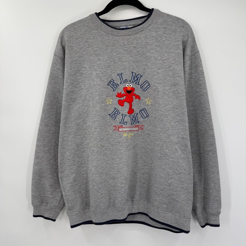 Sesame Street Elmo Mens Large Crewneck Sweatshirt Vintage Embroidery Gray Y2K